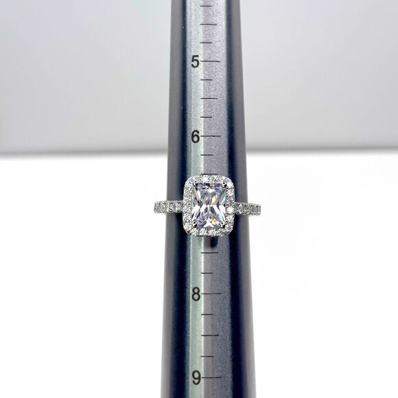 NEW STERLING SILVER | Emerald Cut Halo Engagement Ring - Picture 5 of 7